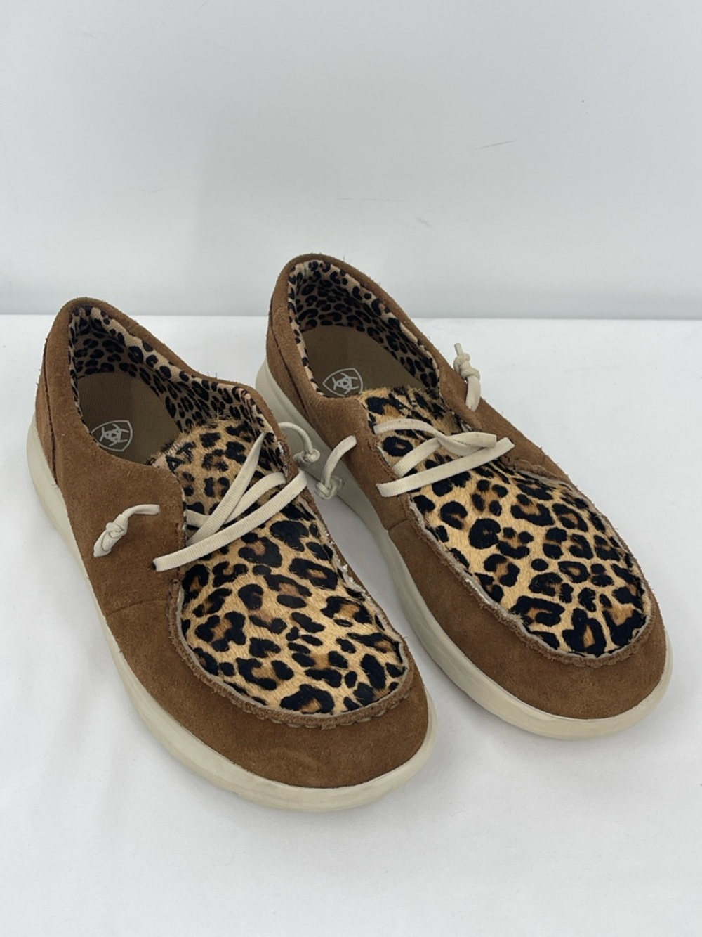 Ariat Brown Suede Moccasins with Leopard Print WOMENS SIZE 9B